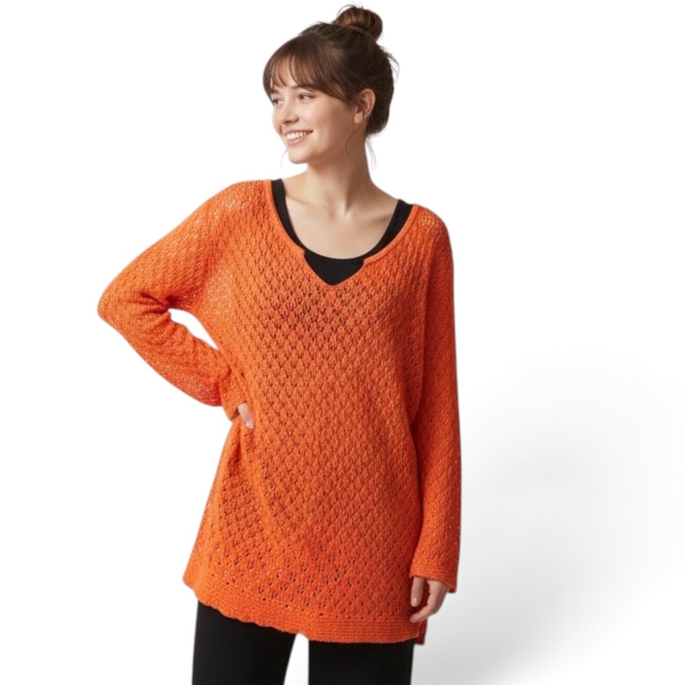 Westbound Orange Open Knit Pointelle Sweater XL Ramie Cotton V-Neck Long Sleeve